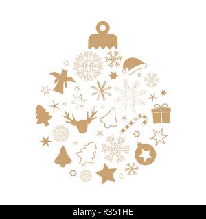christmas ball with different symbols reindeer snowflake star fir candy cane gift angel bell isolated on white background Stock Vector
