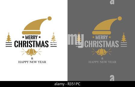 Christmas Label or logo with typography, christmas cap and bells. Flat color style vector illustration. Stock Vector