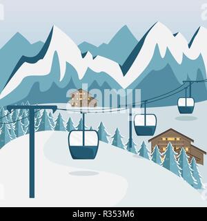 Cozy wooden Chalet in the mountains. Mountain landscape. Flat style. Ski resort. Stock Vector