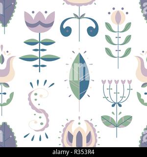 Vector seamless pattern in Scandinavian style. Flat style. Flowers and doodles. Stock Vector