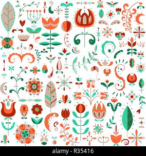 Vector flat set of 90 Scandinavian elements. Flowers and doodles. Stock Vector
