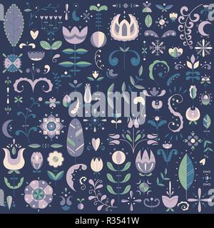 Vector flat set of 90 Scandinavian elements. Flowers and doodles. Stock Vector