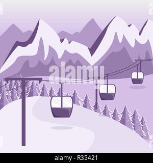 A ski resort with a funicular with cabins. Flat style. Mountain landscape. Stock Vector