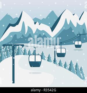 A ski resort with a funicular with cabins. Flat style. Mountain landscape. Stock Vector