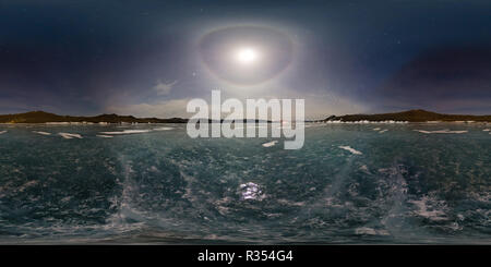 360 degree panoramic view of Moon halo in the night sky over Lake Baikal ice. Stereographic panorama  Little Planet