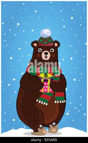 Cute cartoon lovely bear character in knitted hat and scarf with present box on snowy winter landscape background. Christmas, happy new, year, valenti Stock Vector