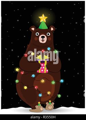 Cute cartoon lovely bear character in fir tree hat with star and present box in paws wind round with glowing garland on winter snowy background. Chris Stock Vector