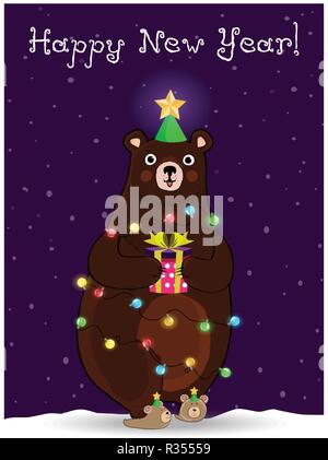 Cute cartoon lovely bear character in fir tree hat with star and gift box in paws wind round with glowing garland on winter snowy background. Happy ne Stock Vector