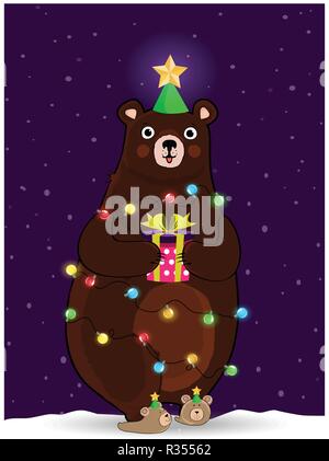 Christmas, new, year, greeting card vector illustration of Cute cartoon lovely bear character in fir tree hat with star and present box in paws wind r Stock Vector