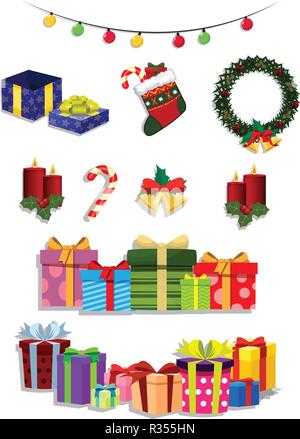 Vector Christmas set of Cute cartoon festive attributes isolated on white background. Gifts, candles, wreath, sock with presents, lights, bells. Xmas  Stock Vector