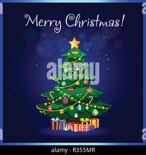 Merry Christmas greeting card of cute cartoon fir tree. Star decorations, balls, garlands and lots of present boxes on sparkling magic glowing backgro Stock Vector