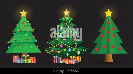 Set of cute cartoon Christmas fir trees. Star decorations, balls, garlands and lots of gift boxes Isolated on black background. Vector illustration, s Stock Vector