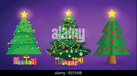 Set of cute cartoon Christmas fir trees. Star decorations, balls, garlands and lots of gift boxes Isolated on purple background. Vector illustration,  Stock Vector