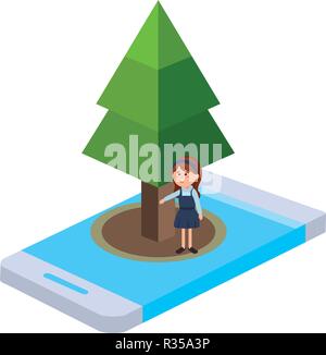 isometric park activity with girl and pine tree over smartphone cartoon vector illustration graphic design Stock Vector