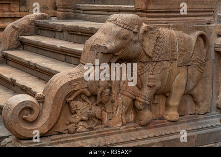 Decorative Steps to Brihadisvara Temple, Thanjavur, Tamil Nadu, India Stock Photo