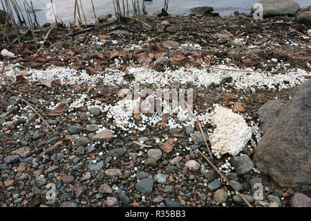 white styrofoam balls on lakeshore, Finland Stock Photo