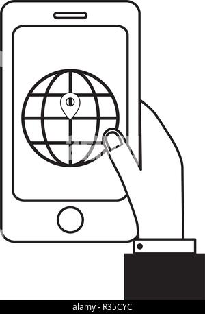 web earth globe icon with smartphone showing gps location cartoon vector illustration graphic design Stock Vector