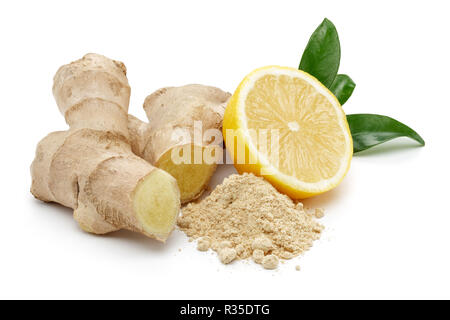 Ginger root and powder with lemon isolated on white Stock Photo