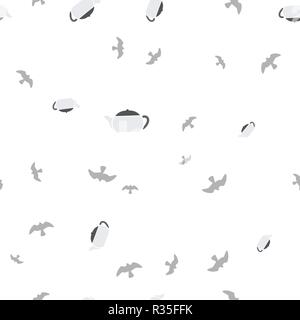 Teapot and bird seamless pattern. Vector illustration. Isolated white background. Stock Vector