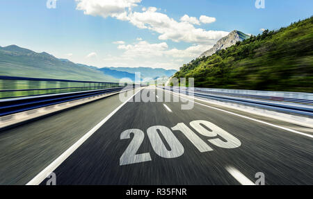 Empty asphalt road and New year 2019. Two thousand nineteen. Stock Photo