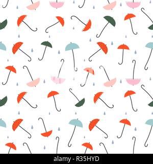 Umbrellas - seamless pattern. Small colorful umbrellas, raindrops. Drawing in retro style. Background or texture for tissue paper, etc. Stock Vector