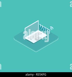 Concept laptop connected with Wifi  3d isometric flat icons design. Vector illustration. Stock Vector