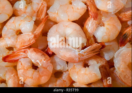 Shrimp  background with a close up view . Delicious refrigerated crustaceans as gourmet seafood for a party or dinner at a restaurant serving food fro Stock Photo