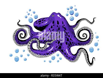 Cartoon violet purple octopus clip-art isolated on white background illustration Stock Vector