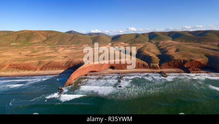 Aerial view on Legzira beach with arched rocks on the Atlantic coast in Morocco Stock Photo