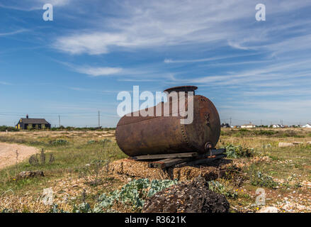 An old metal object on the beach at Dungeness on the Kent coast Stock Photo