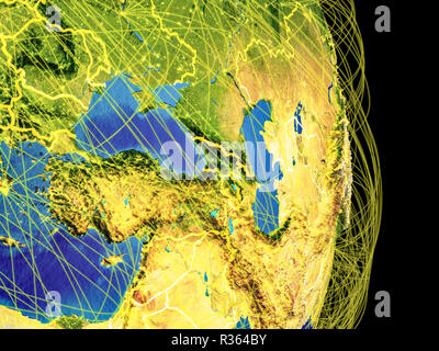 Caucasus region on Earth with trajectories representing international communication, travel, connections. 3D illustration. Elements of this image furn Stock Photo