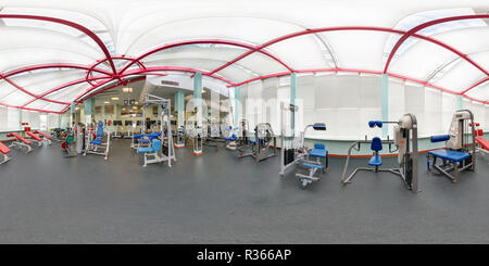 360 degree panoramic view of MINSK, BELARUS - JANUARY 17, 2012: Inside of the interior of big stylish fitness club. Full 360 degree panorama in equirectangular spherical projectio