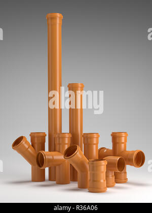 Set of orange PVC sewage pipe fittings Stock Photo