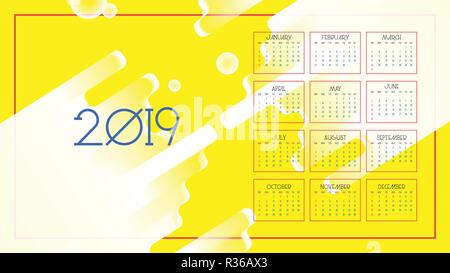 Calendar 2019. Colorful abstract background. Sunday first day of week. Vector of 2019 new year calendar in clean minimal table simple style and yellow color Stock Vector