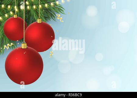 Christmas background. Christmas red balls on fir tree. Flying confetti with serpentine. Glowing gold light garland. Glares bokeh on a blue background. Stock Vector