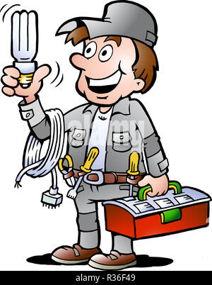 Hand-drawn Vector illustration of an happy Electrician Handyman, holding a energysaving light bulb Stock Photo