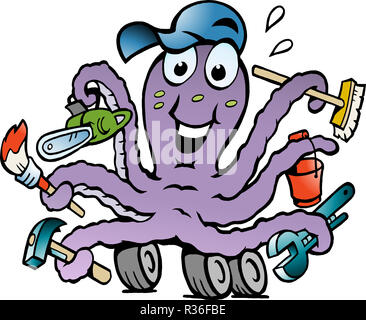 Hand-drawn Vector illustration of an Happy Busy Octopus Handyman Stock Photo