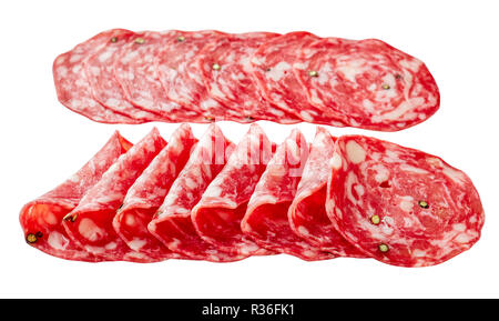 spanish salchichon, Salami sausage slices isolated on white background, view from above, close-up Stock Photo