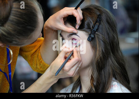 At a beauty salon. Make-up artist applying eyeshadow on a female customer’s face. Kiev, Ukraine. November 8, 2018 Stock Photo