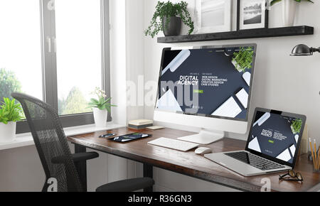 black and white home office with responsive digital agency website3d rendering Stock Photo