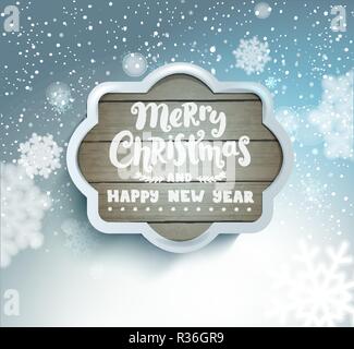 Merry Christmas and Happy New Year lettering in a grey wooden frame on blurred snowy background with snowflakes.Vector illustration. Stock Vector