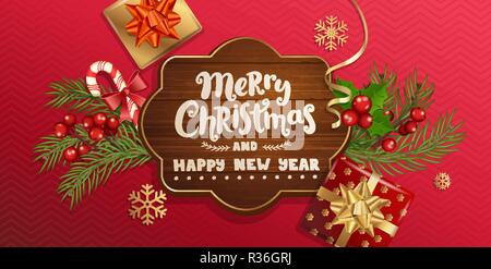 Merry Christmas and New Year wishing banner in wooden frame on red background with traditional christmas decorations-gift box with gold bow,candy cane,branch,snowflakes.Vector illustration Stock Vector