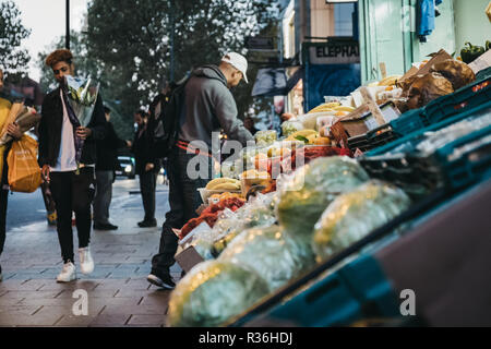 London, UK - November 02, 2018: Fresh fruits and vegetables on sale at a convenience store in London, UK. These stores are located throughout the city