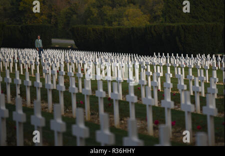 October 20, 2018 - Douaumont, France: The war cemetery monument of Douaumont, which hosts the remains of 130 000 soldiers, both French and German, who took part in the First World War. There are 15 000 crosses outside the monument with the names of French soldiers who died in the vicinity. La necropole et l'ossuaire de Douaumont, un monument imposant a la memoire des soldats ayant participe a la bataille de Verdun durant la Premiere Guerre mondiale. *** FRANCE OUT / NO SALES TO FRENCH MEDIA *** Stock Photo