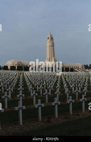 October 20, 2018 - Douaumont, France: The war cemetery monument of Douaumont, which hosts the remains of 130 000 soldiers, both French and German, who took part in the First World War. There are 15 000 crosses outside the monument with the names of French soldiers who died in the vicinity. La necropole et l'ossuaire de Douaumont, un monument imposant a la memoire des soldats ayant participe a la bataille de Verdun durant la Premiere Guerre mondiale. *** FRANCE OUT / NO SALES TO FRENCH MEDIA *** Stock Photo