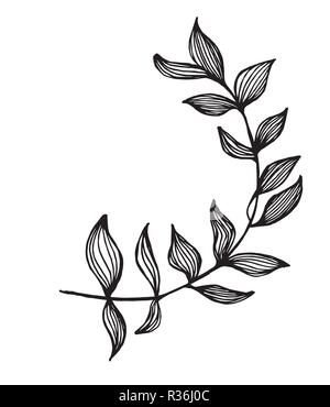 Black white illustration of a branch with leaves. Fractal plant Stock Vector