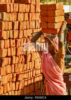 RAJASTHAN INDIA  YOUNG WOMAN CARRYING A LOAD OF HOUSE BRICKS ON HER HEAD Stock Photo