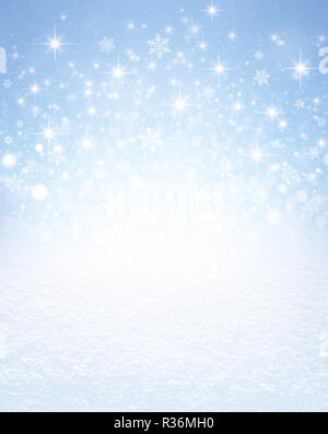 Snowflakes shapes and bright stars exploding on an icy blue background and white snow covered ground. Festive seasonal material.