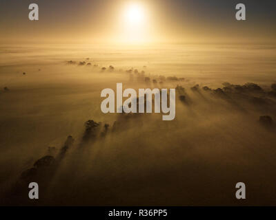 Aerial shot of a misty morning in the Wimmera. Stock Photo