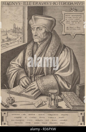 Erasmus of Rotterdam. Medium: engraving. Museum: National Gallery of Art, Washington DC. Author: Frans Huys after Hans Holbein the Younger. Stock Photo